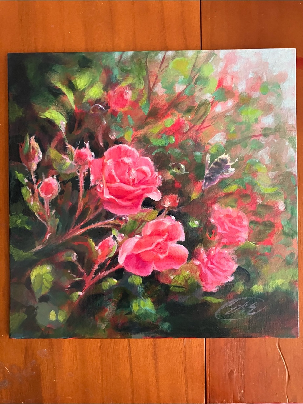 Original Roses bumblebee painting pink flowers ladybugs surreal realism